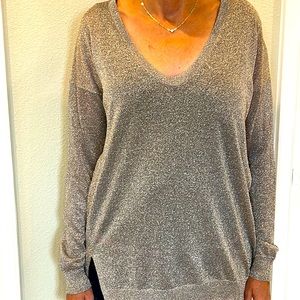 Vince Gold / Grey Lurex Long sleeve see thru lurex rounded v neck knit top